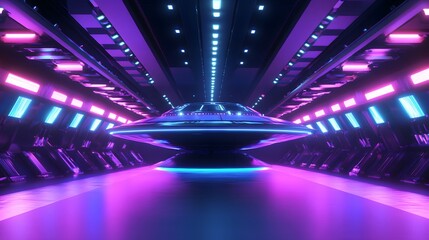 Futuristic Hovering Spacecraft in Neon Lighted Sci-Fi Setting