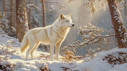 Fototapeta premium Majestic Arctic Wolf in a Sunlit Winter Forest