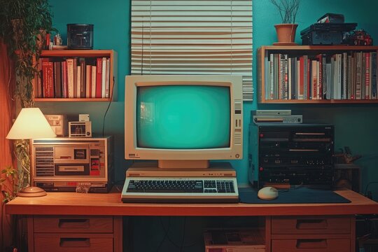 Vintage personal computer displaying solid teal screen in cozy retro room setup