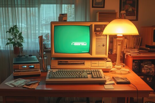 Vintage personal computer displaying green screen in cozy room setting