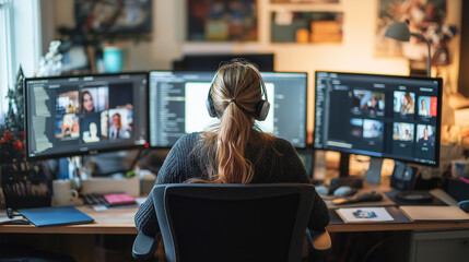 A woman office administrator coordinating remote team communications via video calls, surrounded by monitors, notebooks, and a well-organized workspace