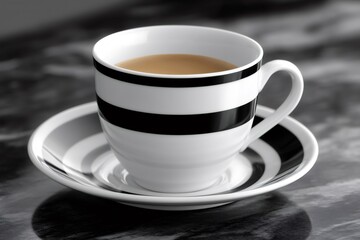 Fototapeta premium Striped coffee cup sitting on matching saucer on marble table