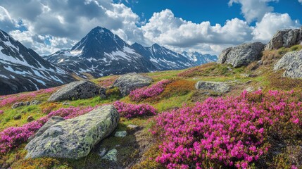 Enchanting Springtime in the Alps: Meadows Ablaze with Blooms Against a Mountainous Backdrop