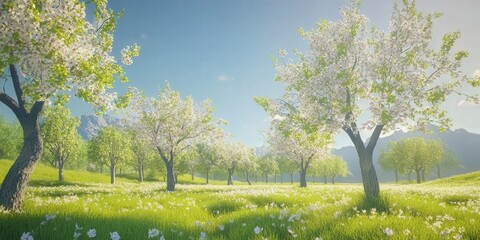 Fototapeta premium blooming trees, their bright flowers set against a crisp, clear sky, evoking the beauty of spring and the natural world renewal