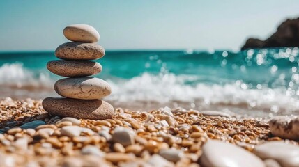 A stack of smooth, balanced stones on a tranquil beach, with soft ocean waves and misty morning light in the background. The muted color palette enhances the calming effect