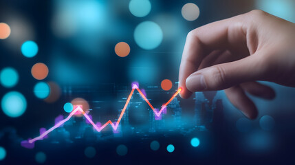 Hand Guiding Upward Trending Growth Graph on Digital Screen