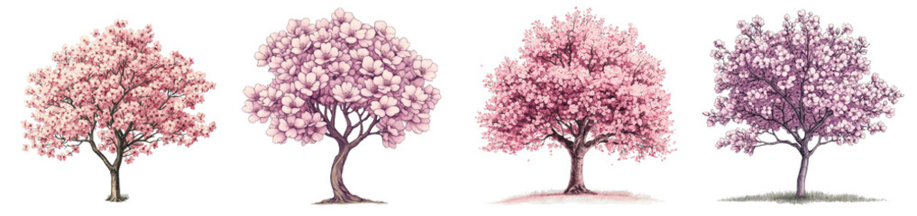 Four elegant cherry blossom trees showcasing varying shades of pink and purple colors