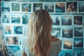 Photographer looking at printed photos displayed on wall