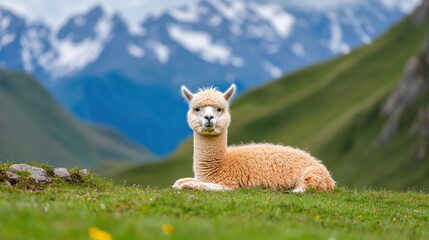 Fototapeta premium Fluffy alpaca resting on green grass with mountains in the background.