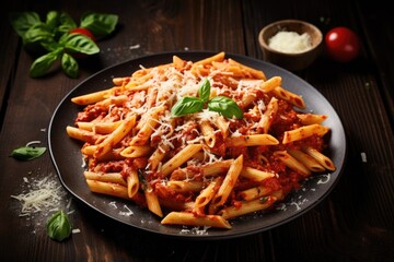 Spicy pasta with tomato and chilli sauce topped with cheese on a wooden background