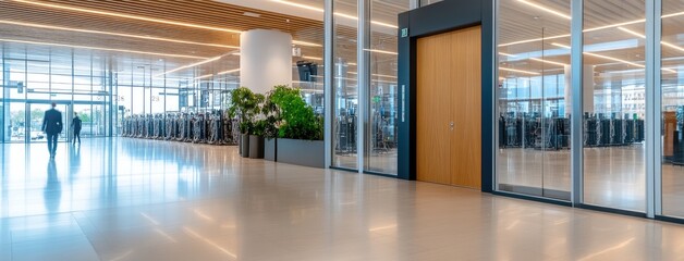 Close-up of a network switch with white cables in a data center, blue light, and blurred figures in a high-tech setting