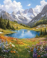 sparkling mountain lake lies at the base of snow-laden peaks, surrounded by alpine meadows alive with the colors of wildflowers