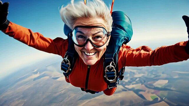 Happy senior woman with gray hair doing skydiving wearing professional orange suit