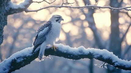 Fototapeta premium Snowy Hawk Perched on Branch, Winter Forest Sunrise
