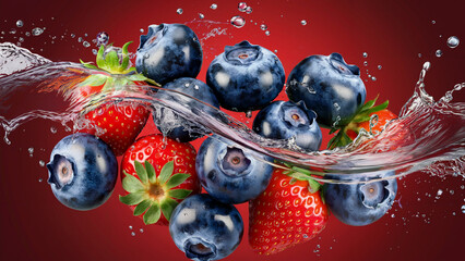 Fresh blueberries and strawberries splash in the water on a bright red background
