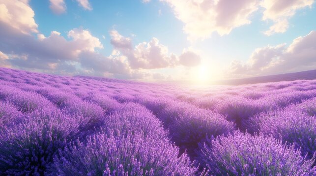 Scenic landscape of purple lavender field at sunset