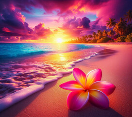 tropical sunset with beach flower