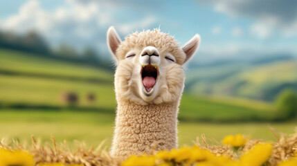 Cute alpaca yawning in a vibrant green field full of yellow flowers under a sunny sky.