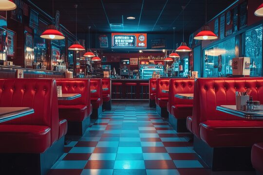 Empty american diner booths and counter seating with red leather and checkered floor