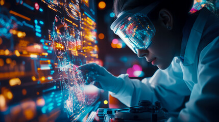Naklejka premium Innovation Unveiled: Scientist Navigating Data with Augmented Reality