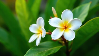 Fototapeta premium Exotic plumeria tree, fragrant white flowers, leaves , exotic plant, botanical illustration