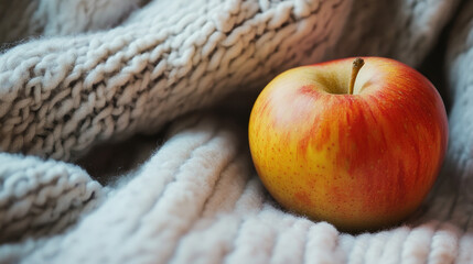 an apple resting on a textured grey cloth