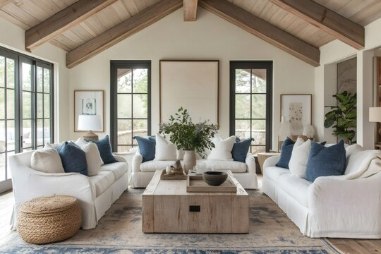 Elegant living room interior design showcasing farmhouse style with wooden ceiling and white sofas