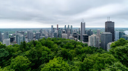 Naklejka premium Montreal downtown skyline rises behind the lush green forest of Mount Royal Park under an overcast sky.