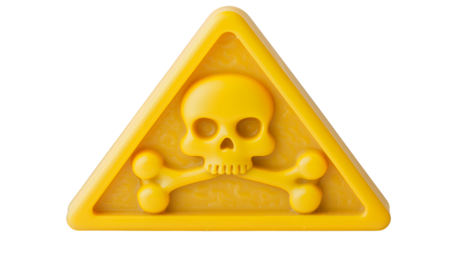 a yellow triangle with a skull and bones on a transparent background, PNG image, PNG file, Generative art.