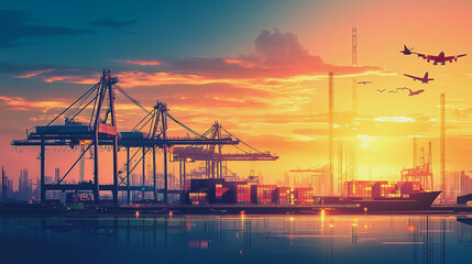 Obraz premium Container truck in ship port for business Logistics and transportation of Container Cargo ship and Cargo plane with working crane bridge in shipyard at sunrise, logistic import export and transport