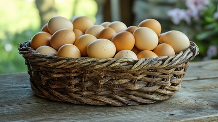 A woven basket filled with various eggs set on a rustic wooden surface.