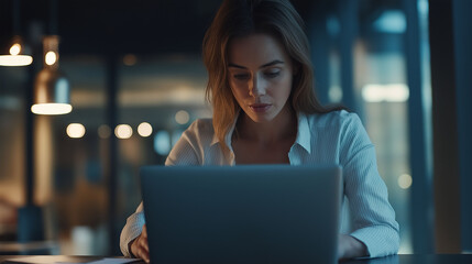 A woman office administrator organizing a team project, typing notes on a laptop while discussing with colleagues in a modern office setting