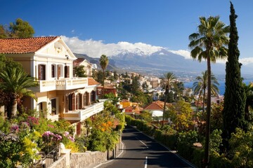 Fototapeta premium Sunny Mediterranean town with volcano view