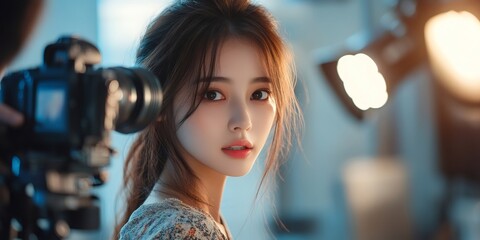 Fototapeta premium Young asian model posing for camera in professional studio photoshoot with soft lighting