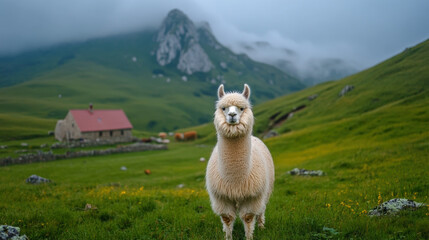Naklejka premium A fluffy alpaca stands in a green landscape with mountains and a quaint house in the background under cloudy skies.