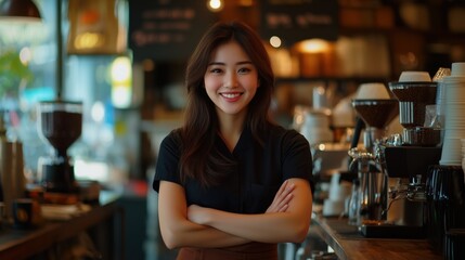 Smiling Barista in Cozy Coffee Shop with Warm Ambiance and Coffee Equipment in Background