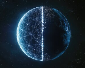A symbolic image of a globe with a bright network of connected lines covering only half, leaving the other half in complete darkness.