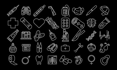 Forty cute doodles on medical topics. Icons, symbols or other. White objects on black background. Vector set
