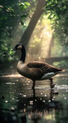 Obraz premium goose walking along a riverbank, with droplets of water on its feathers reflecting the natural light.