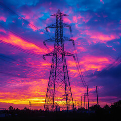 Vibrant sunset illuminates power lines and transmission tower in a stunning display of color and energy. Generative AI