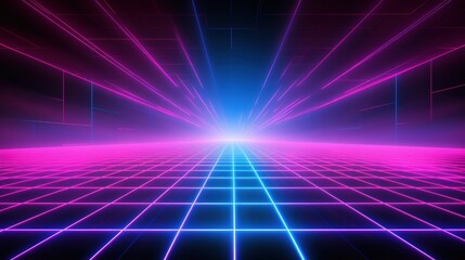 A vibrant, neon landscape featuring a grid with radiant pink and blue light beams converging at a central point, evoking a retro-futuristic aesthetic.
