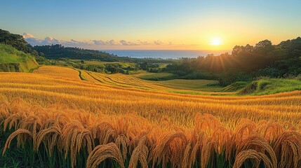 Obraz premium Lush golden fields under a vibrant sunset, overlooking a serene ocean landscape.