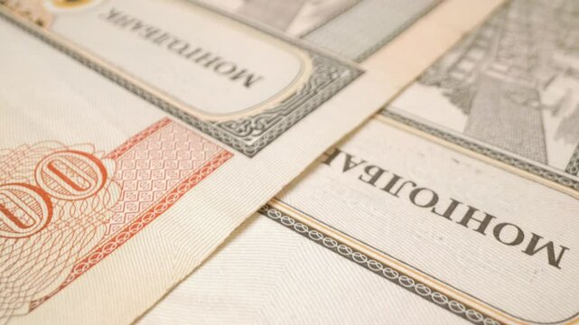 Macro shot of a Mongolian 10,000-tugrik banknote with a sliding motion.