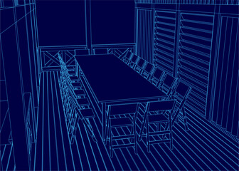 A blue drawing of a dining room with a long table and chairs. The chairs are arranged in rows and the table is surrounded by chairs. Scene is calm and inviting