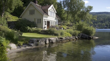 Obraz premium Charming Lakeside House Under Sunny Sky With Pixelated Siding and Lush Trees and Rocks Around Shorel