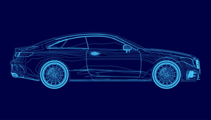 A blue car is shown in a computer generated image. The car is a sports car with a sleek design and a shiny finish. The image has a futuristic and modern feel to it. Side view