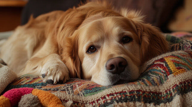 A dog resting peacefully on a cozy blanket, with a chew toy nearby, celebrating National Dog Day with some quiet time - Powered by Adobe