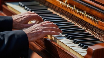 hands creating a melody on a grand piano, with the texture of the keys and the intricate reflections captured beautifully