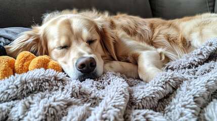 A dog resting peacefully on a cozy blanket, with a chew toy nearby, celebrating National Dog Day with some quiet time