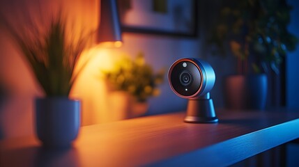 Modern Indoor Security Camera on a Stylish Wooden Table